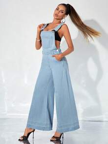 SHEIN Slant Pocket Wide Leg Denim Dungarees Without Cami Top - Light Wash - View 5