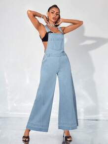 SHEIN Slant Pocket Wide Leg Denim Dungarees Without Cami Top - Light Wash - View 1