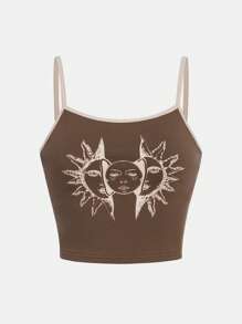 SHEIN Áo yếm màu họa tiết mặt trời cổ điển dành cho cô gái tuổi teen có viền tương phản, mùa hè - Màu nâu  Mocha - Xem 1