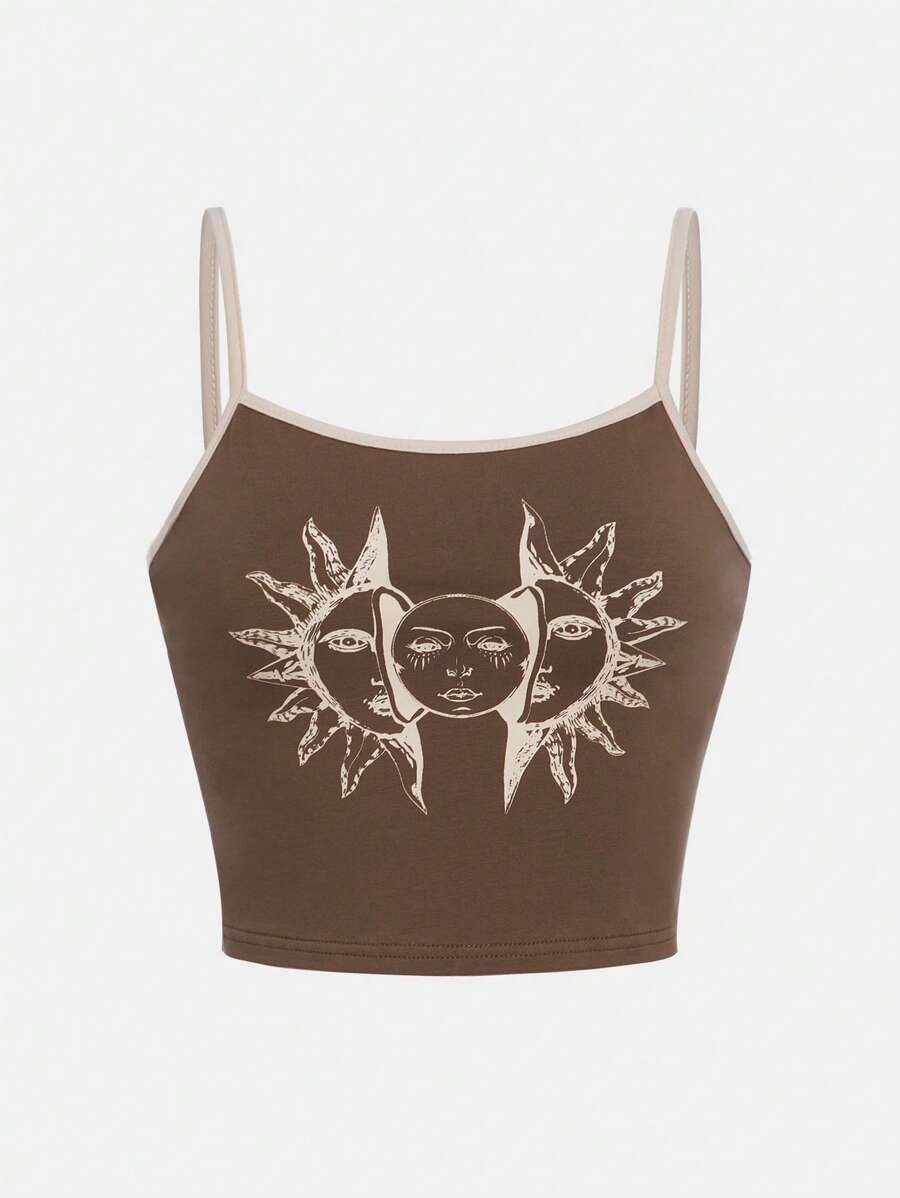 SHEIN Áo yếm màu họa tiết mặt trời cổ điển dành cho cô gái tuổi teen có viền tương phản, mùa hè - Màu nâu  Mocha - Xem 1