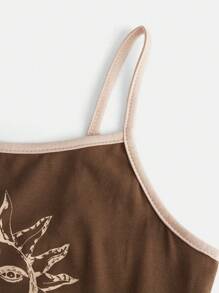 SHEIN Áo yếm màu họa tiết mặt trời cổ điển dành cho cô gái tuổi teen có viền tương phản, mùa hè - Màu nâu  Mocha - Xem 3