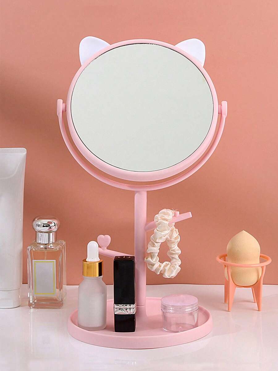 1pc Cat Ear Decor Desktop Mirror - Pink - View 1