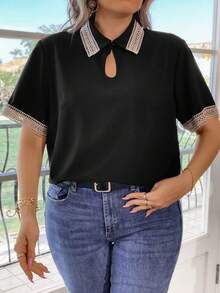 Calvaya Hơn Ren tương phản Đường viền lỗ khóa Áo sơ mi - màu đen - Xem 3