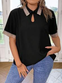 Calvaya Hơn Ren tương phản Đường viền lỗ khóa Áo sơ mi - màu đen - Xem 4