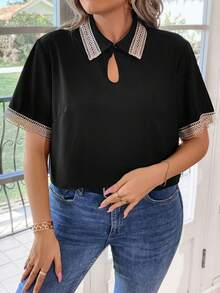 Calvaya Hơn Ren tương phản Đường viền lỗ khóa Áo sơ mi - màu đen - Xem 6