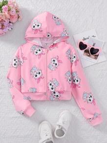 SHEIN Tween Girl Cartoon Graphic Zip Up Hoodie - Pink - View 1