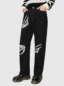 ROMWE MEN Grunge Punk 男士骷髏手掌圖案直筒牛仔褲 - 黑色 - 查看 4