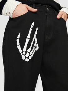 ROMWE MEN Grunge Punk 男士骷髏手掌圖案直筒牛仔褲 - 黑色 - 查看 5