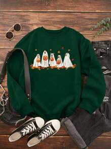 INAWLY Plus Halloween Print Thermal Lined Sweatshirt Pullover Fall Sweatshirt - Dark Green - View 1