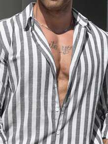 Camisa de manga larga con botones y rayas estilo vintage de dinero antiguo para hombre, de uso versátil y casual, para el otoño