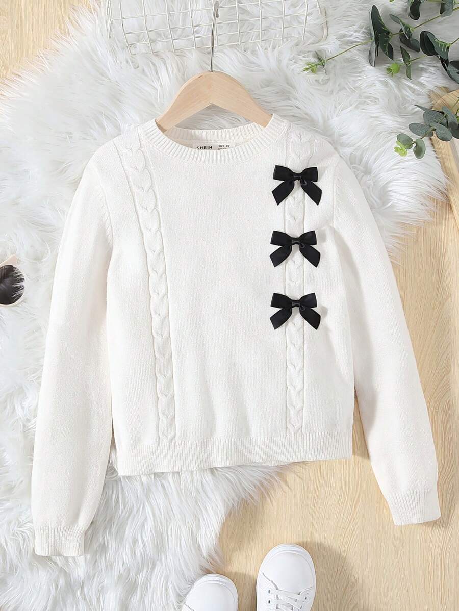 SHEIN Chica preadolescente Jersey con lazo delantero tejido de cable - Blanco - Ver 1