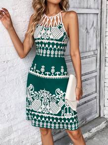 SHEIN Clasi 圖案印花繞頸洋裝 - 墨綠色 - 查看 4