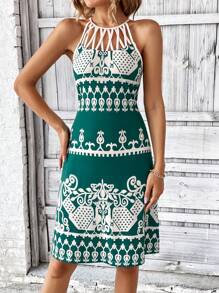 SHEIN Clasi 圖案印花繞頸洋裝 - 墨綠色 - 查看 5