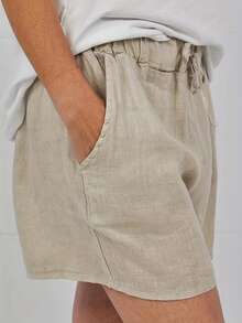 腰部抽繩斜口袋短褲 - 卡其色 - 查看 2