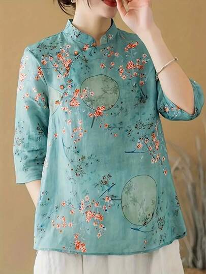 Floral Print Button Front Blouse