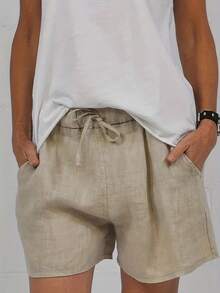 腰部抽繩斜口袋短褲 - 卡其色 - 查看 3