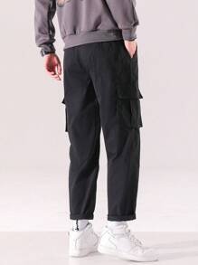 Men Flap Pocket Side Cargo Trousers - Black - View 2