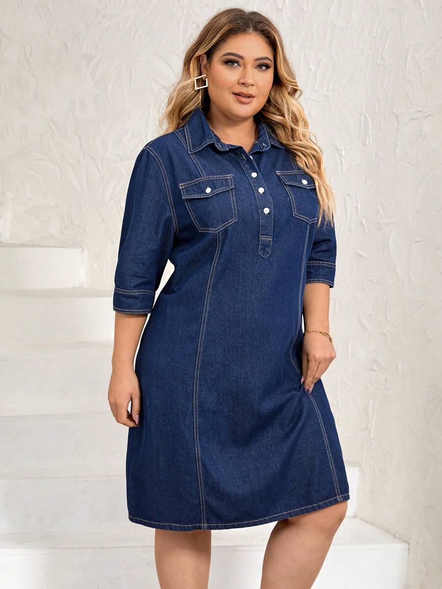 SHEIN LUNE Plus Flap Pocket Denim Dress - Dark Wash - View 1