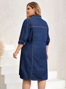 SHEIN LUNE Plus Flap Pocket Denim Dress - Dark Wash - View 2