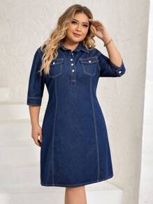 SHEIN LUNE Plus Flap Pocket Denim Dress - Dark Wash - View 3