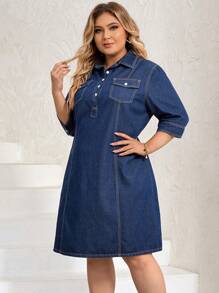 SHEIN LUNE Plus Flap Pocket Denim Dress - Dark Wash - View 4