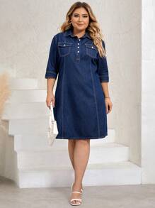 SHEIN LUNE Plus Flap Pocket Denim Dress - Dark Wash - View 5