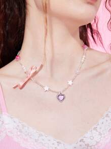 ROMWE Kawaii 1入組時尚鐵合金心&星形裝飾項鍊適合女士日常裝飾