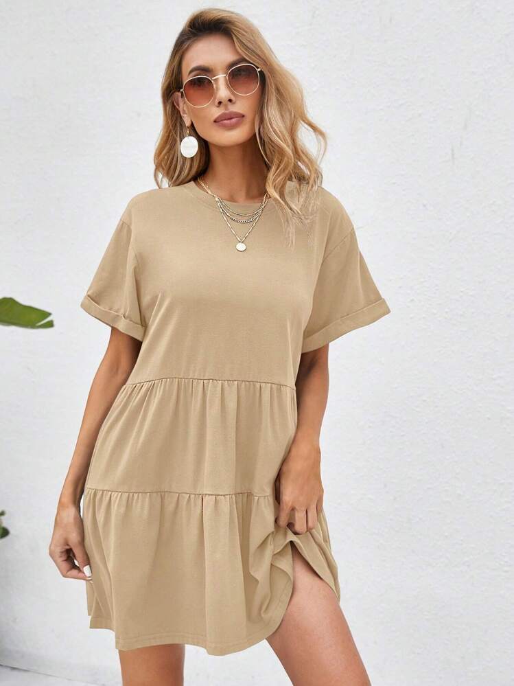 SHEIN VCAY חלק שכבות מלמלה שמלות מתרחבות - משמש - ראה 1