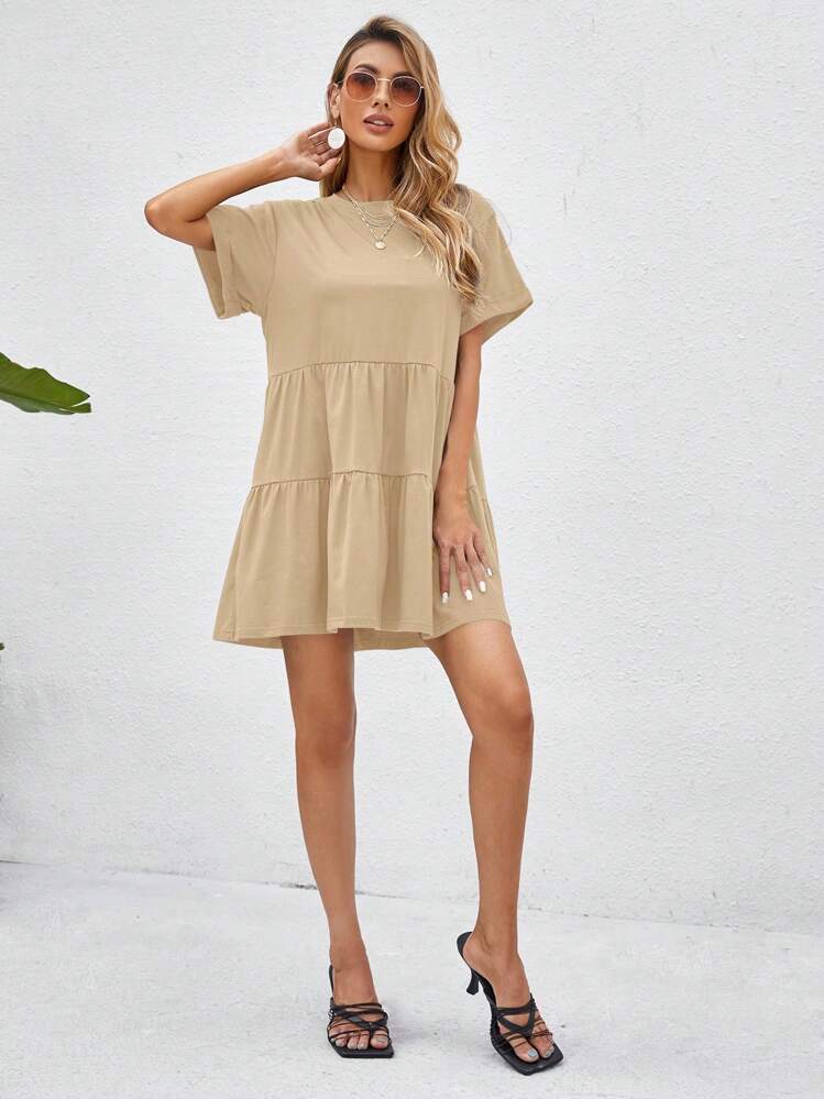 SHEIN VCAY חלק שכבות מלמלה שמלות מתרחבות - משמש - ראה 3