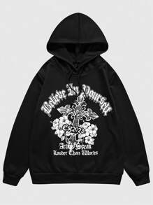 ROMWE MEN 男士花和標語圖案抽繩連帽衫 - 黑色 - 查看 1