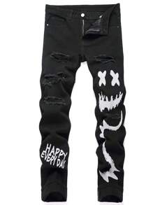 Men Cartoon & Letter Graphic Ripped Jeans - Black - View 1