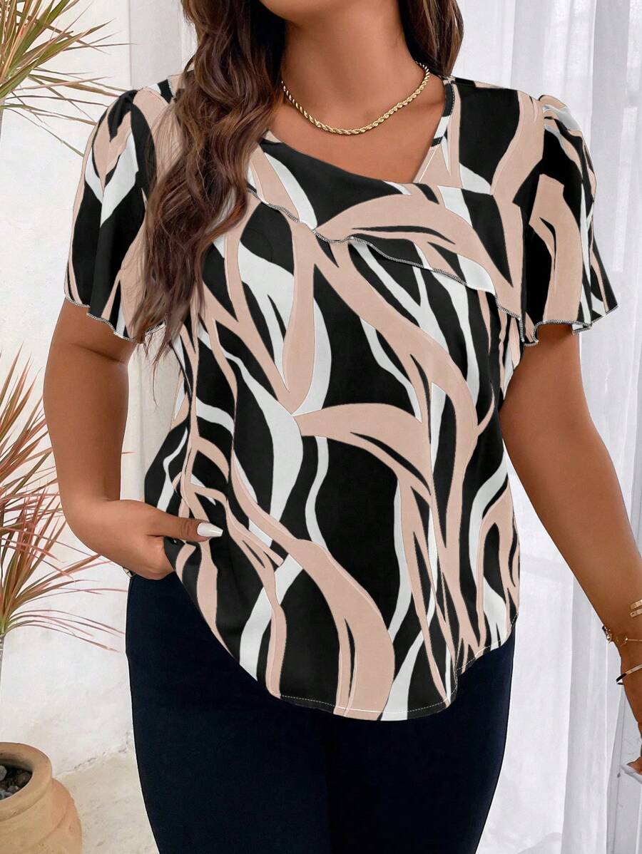 SHEIN LUNE Talla grande Blusa con estampado de cuello asimétrico - Multicolor - Ver 1