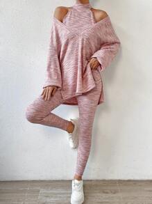 SHEIN Essnce 段染落肩袖下擺開叉T恤&掛脖上衣&緊身打底褲 - 粉色 - 查看 3