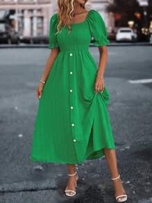 SHEIN LUNE Square Neck Puff Sleeve Button Detail Dress - Green - View 1
