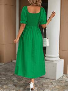 SHEIN LUNE Square Neck Puff Sleeve Button Detail Dress - Green - View 2