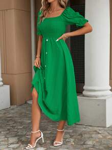 SHEIN LUNE Square Neck Puff Sleeve Button Detail Dress - Green - View 3