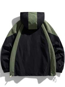 Men Colorblock Drawstring Hooded Jacket - Black - View 2