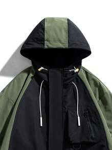 Men Colorblock Drawstring Hooded Jacket - Black - View 3