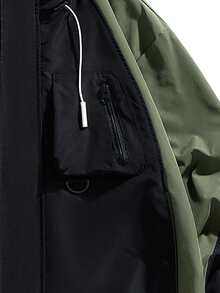 Men Colorblock Drawstring Hooded Jacket - Black - View 4