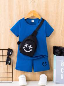 SHEIN 男小童表情圖案T恤和短褲&包 - 寶藍色 - 查看 1