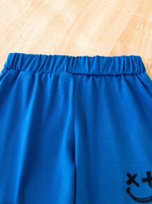 SHEIN 男小童表情圖案T恤和短褲&包 - 寶藍色 - 查看 5