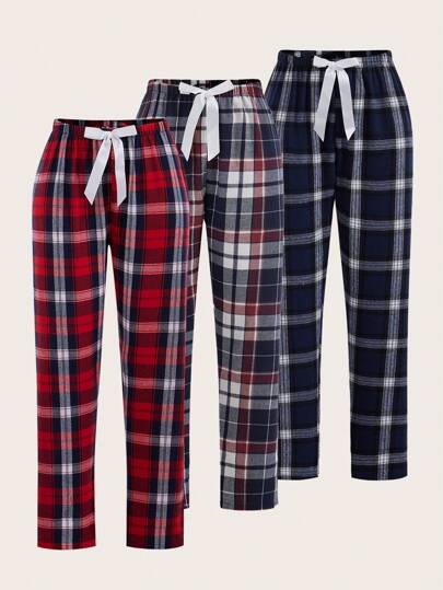SHEIN 3pcs Plaid Print Tie Waist Pajama Sleep Pants, Fall Winter Clothes