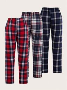 SHEIN 3pcs Plaid Print Tie Waist Pajama Sleep Pants, Fall Winter Clothes - Multicolor - View 2