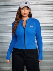 SHEIN EZwear Plus Letter Patched Detail Raglan Sleeve Zip Up Cardigan