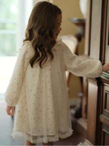 年輕女孩A字型網紗公主花卉連衣裙，掏空領線，適用於演出、派對和宴會 - 米色 - 查看 2