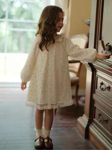 年輕女孩A字型網紗公主花卉連衣裙，掏空領線，適用於演出、派對和宴會 - 米色 - 查看 4