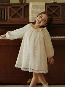 年輕女孩A字型網紗公主花卉連衣裙，掏空領線，適用於演出、派對和宴會 - 米色 - 查看 5