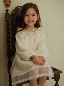 年輕女孩A字型網紗公主花卉連衣裙，掏空領線，適用於演出、派對和宴會 - 米色 - 查看 6