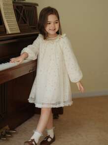 年輕女孩A字型網紗公主花卉連衣裙，掏空領線，適用於演出、派對和宴會 - 米色 - 查看 7