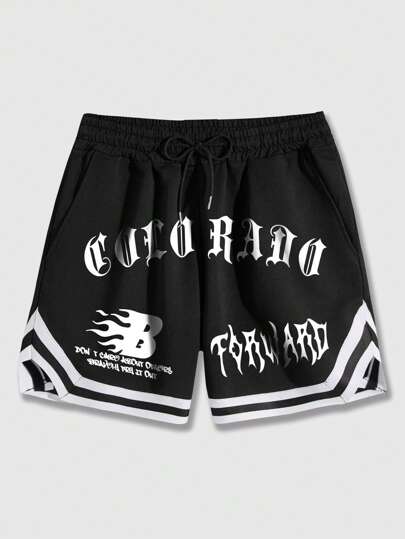 Street Life Short de basketball avec cordon de serrage à la taille, avec graphique de lettres et bordure rayée pour hommes